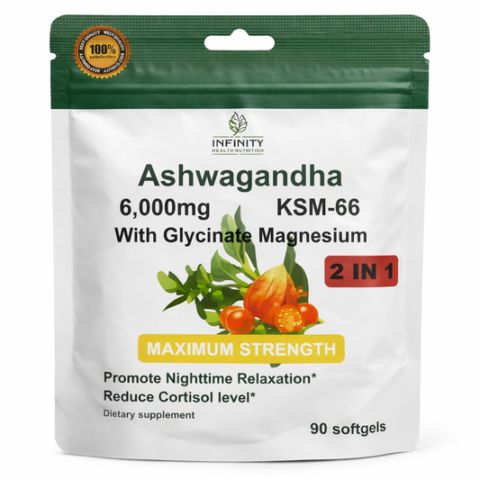 Ashwagandha KSM-66 6000mg con Magnesio Glicinato x 90 Capsulas naturales - Producto aprobado por la FDA
