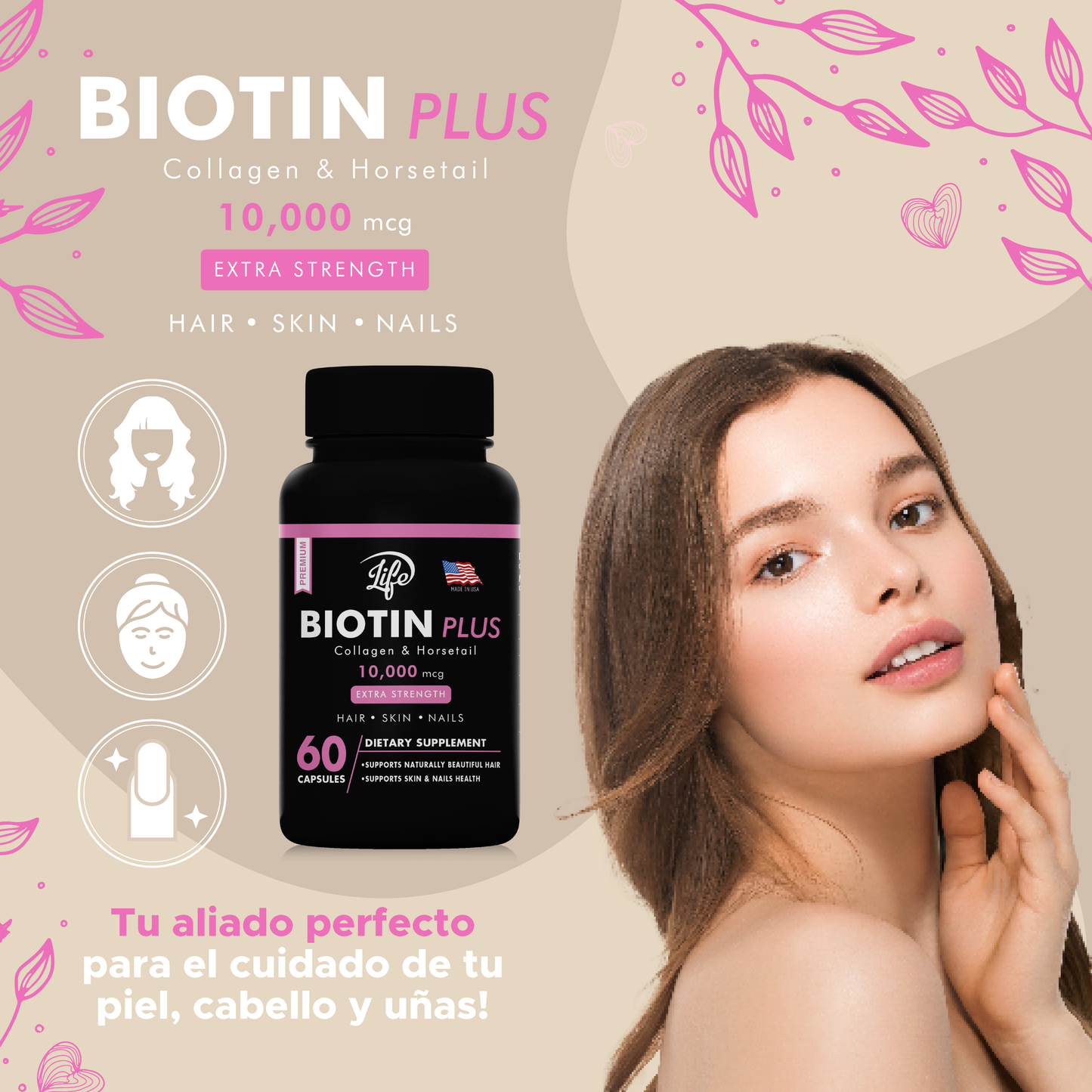 Biotin Plus – 60 Cápsulas | Cabello fuerte, piel radiante y uñas saludables