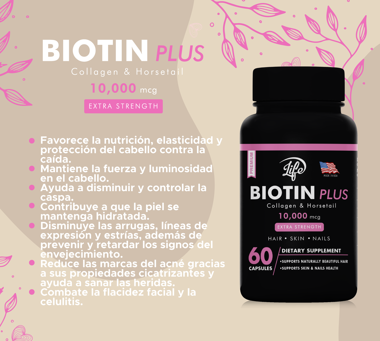 Biotin Plus – 60 Cápsulas | Cabello fuerte, piel radiante y uñas saludables
